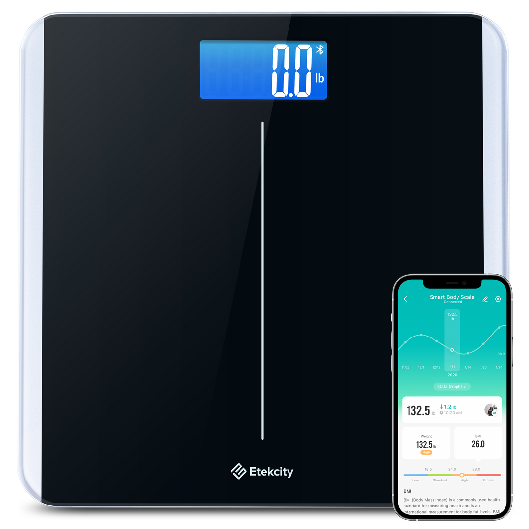 Etekcity Smart Body Weight Scale with VeSync app on smartphone