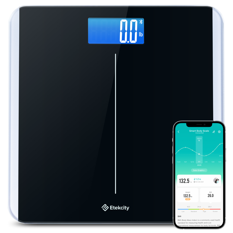 Etekcity Smart Body Weight Scale with VeSync app on smartphone 