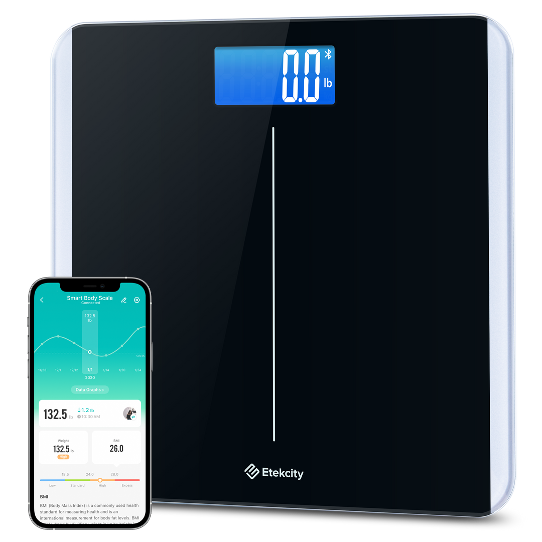 Angled view of Etekcity Smart Body Weight Scale with VeSync app on smartphone