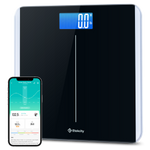 Angled view of Etekcity Smart Body Weight Scale with VeSync app on smartphone