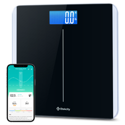 ESB-591 Smart Body Weight Scale - Angled view of Etekcity Smart Body Weight Scale with VeSync app on smartphone 
