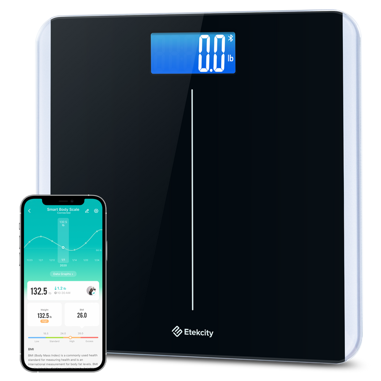 ESB-591 Smart Body Weight Scale - Angled view of Etekcity Smart Body Weight Scale with VeSync app on smartphone