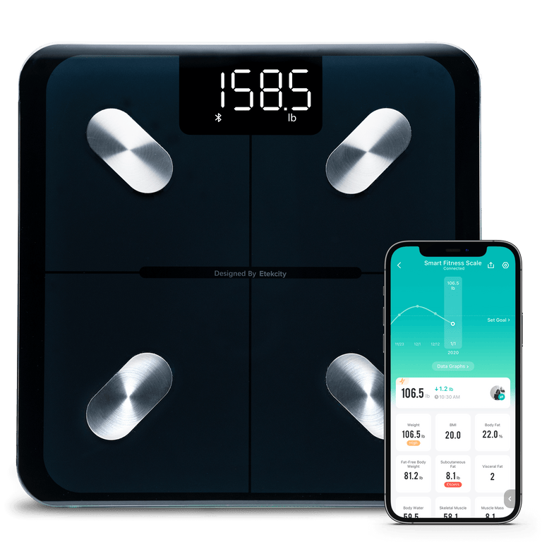 Etekcity Smart Fitness Scale with VeSync app on smartphone 