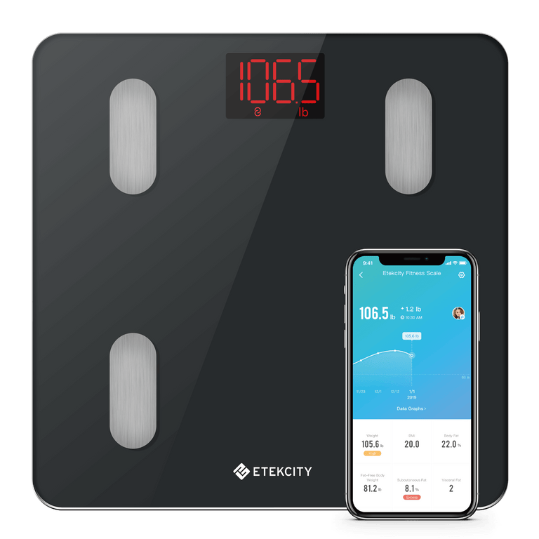 ESF14 Smart Fitness Scale - Etekcity Smart Fitness Scale with VeSync app on smartphone