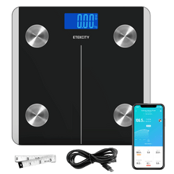 ESF93 Smart Fitness Scale - Etekcity Smart Fitness Scale with VeSync app on smartphone with measuring tape and charging cable 