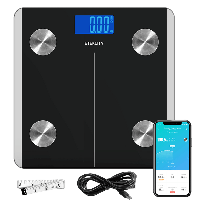 ESF93 Smart Fitness Scale - Etekcity Smart Fitness Scale with VeSync app on smartphone with measuring tape and charging cable