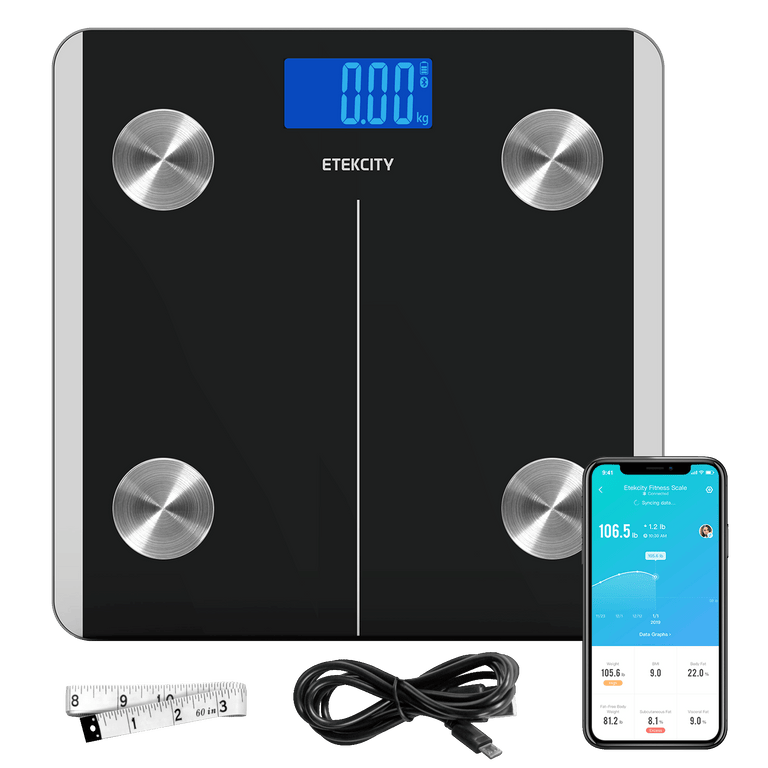 Etekcity Smart Fitness Scale with VeSync app on smartphone with measuring tape and charging cable 