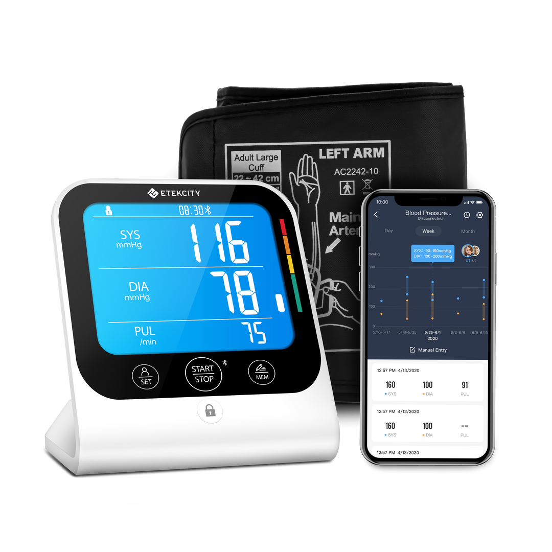 Etekcity Smart Blood Pressure Monitor with arm cuff and the VeSync app on a smartphone