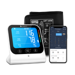 Etekcity Smart Blood Pressure Monitor with arm cuff and the VeSync app on a smartphone 