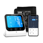 Etekcity Smart Blood Pressure Monitor with arm cuff and the VeSync app on a smartphone