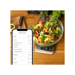 Etekcity Choice Smart Nutrition Scale measuring a salad with nutrition facts on the VeSync app