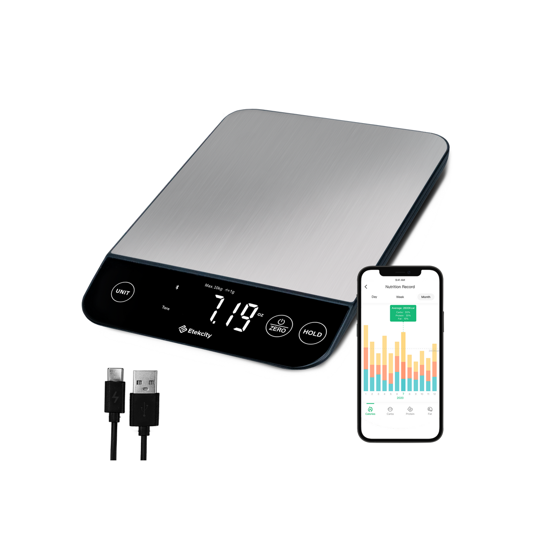 Etekcity Luminary™ Smart Nutrition Scale with VeSync app on smartphone and charging cable