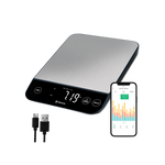 Etekcity Luminary™ Smart Nutrition Scale with VeSync app on smartphone and charging cable