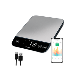 ENS-L221S-SUS Luminary™ Smart Nutrition Scale - Etekcity Luminary™ Smart Nutrition Scale with VeSync app on smartphone and charging cable 