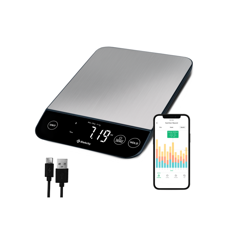 Etekcity Luminary™ Smart Nutrition Scale with VeSync app on smartphone and charging cable