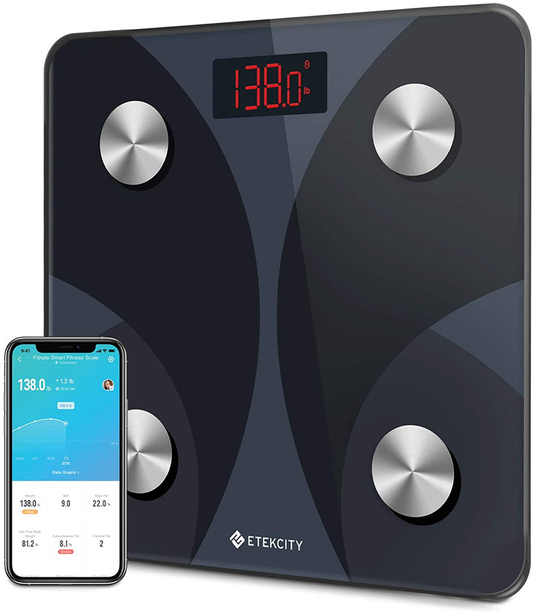 Fit 8S Smart Fitness Scale - Etekcity Fit 8S Smart Fitness Scale in black with VeSync app on smartphone