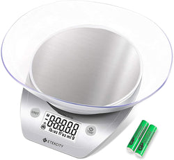 EK5250 Digital Kitchen Scale with Bowl - Etekcity Digital Kitchen Scale in silver with batteries