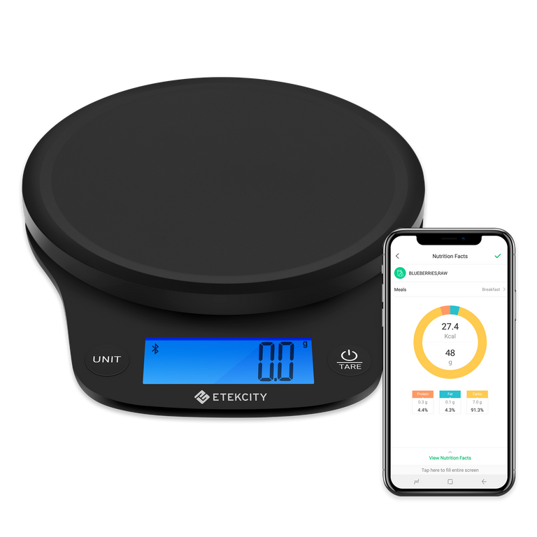 Etekcity Smart Nutrition Scale with VeSync app on smartphone 