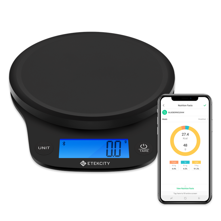 ESN90 Smart Nutrition Scale - Etekcity Smart Nutrition Scale with VeSync app on smartphone