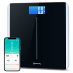 Angled view of Etekcity Smart Body Weight Scale with VeSync app on smartphone 