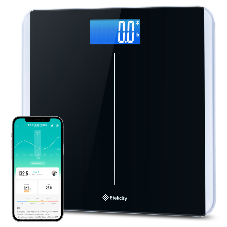 Angled view of Etekcity Smart Body Weight Scale with VeSync app on smartphone 
