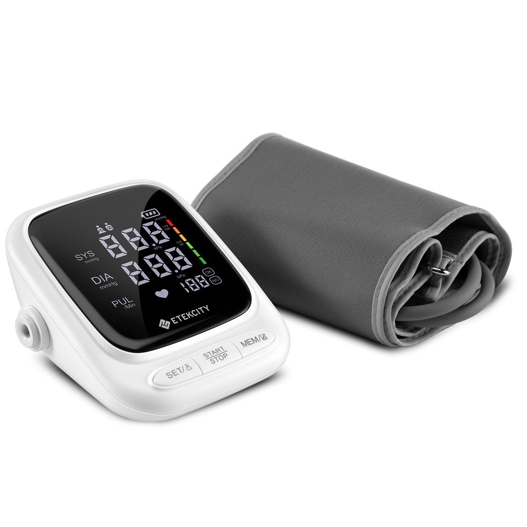 Side view of Etekcity Blood Pressure Monitor and arm cuff 