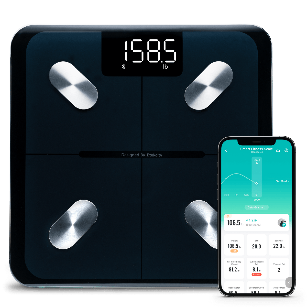 Etekcity ESF-551 black smart fitness scale beside the VeSync mobile app