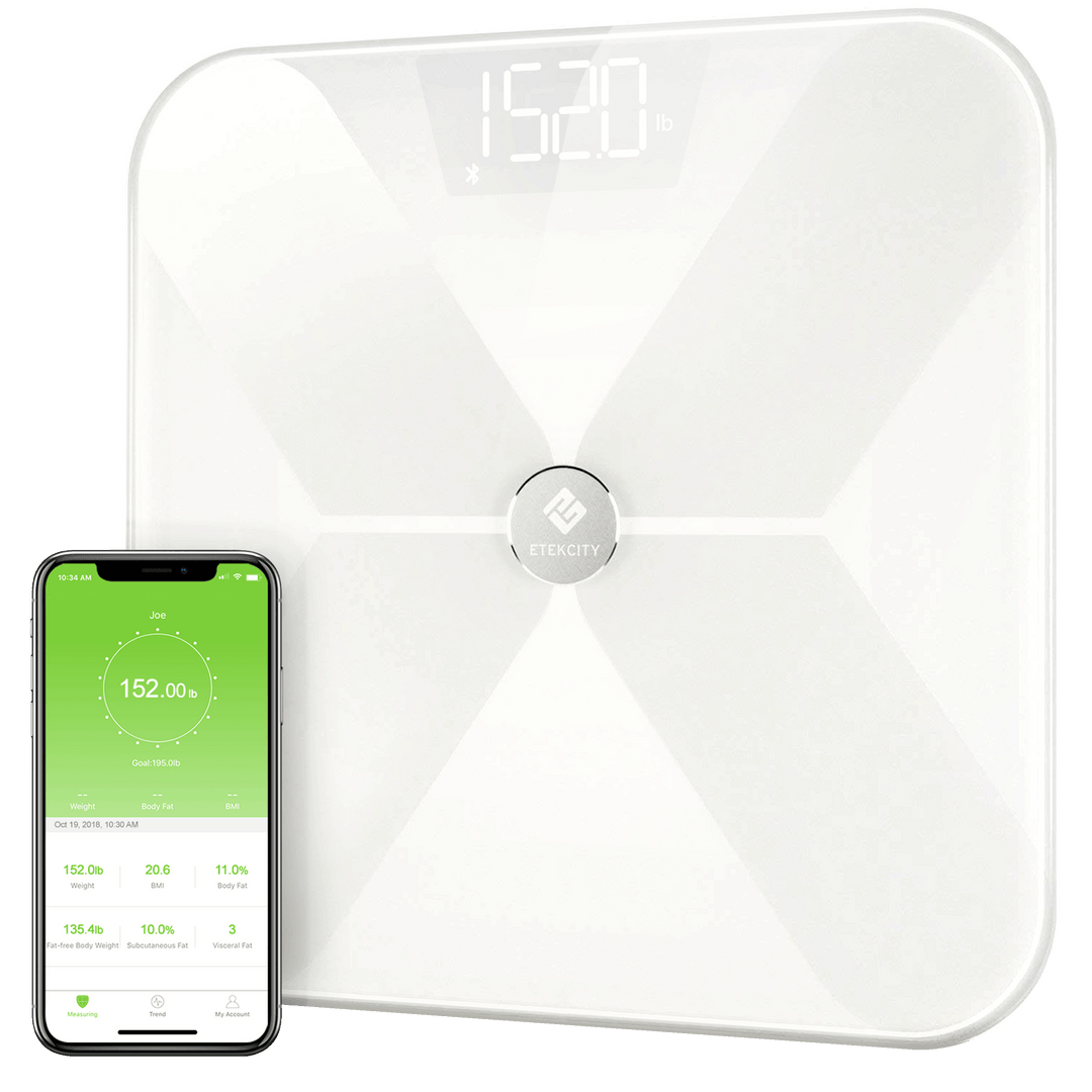 Angled view of Etekcity Smart Fitness Scale with VeSync app on smartphone 