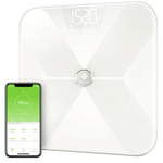 Angled view of Etekcity Smart Fitness Scale with VeSync app on smartphone 