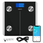 Etekcity Smart Fitness Scale with VeSync app on smartphone with measuring tape and charging cable 
