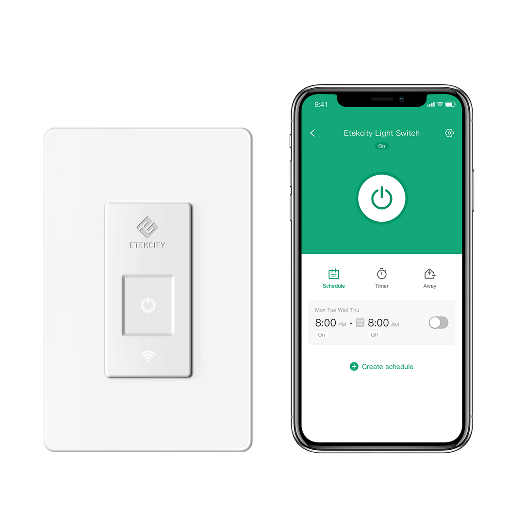 Etekcity Smart Wi-Fi Light Switch with VeSync app on smartphone 