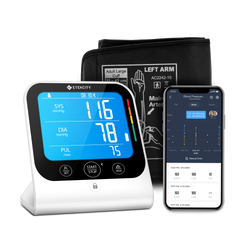 TMB-1583-BS Smart Blood Pressure Monitor - Etekcity Smart Blood Pressure Monitor with arm cuff and the VeSync app on a smartphone 