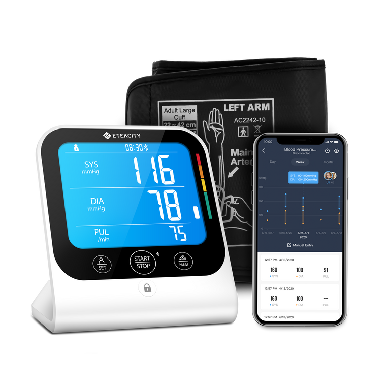 Etekcity Smart Blood Pressure Monitor with arm cuff and the VeSync app on a smartphone 