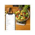 Etekcity Choice Smart Nutrition Scale measuring a salad with nutrition facts on the VeSync app 