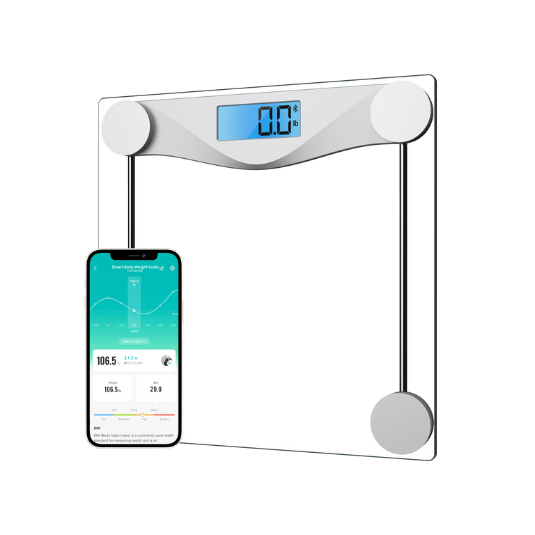 Etekcity Smart Body Weight Scale with VeSync app on smartphone 