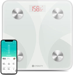Fit 8S Smart Fitness Scale - Etekcity Fit 8S Smart Fitness Scale in white with VeSync app on smartphone 