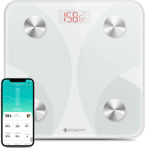 Etekcity Fit 8S Smart Fitness Scale in white with VeSync app on smartphone 